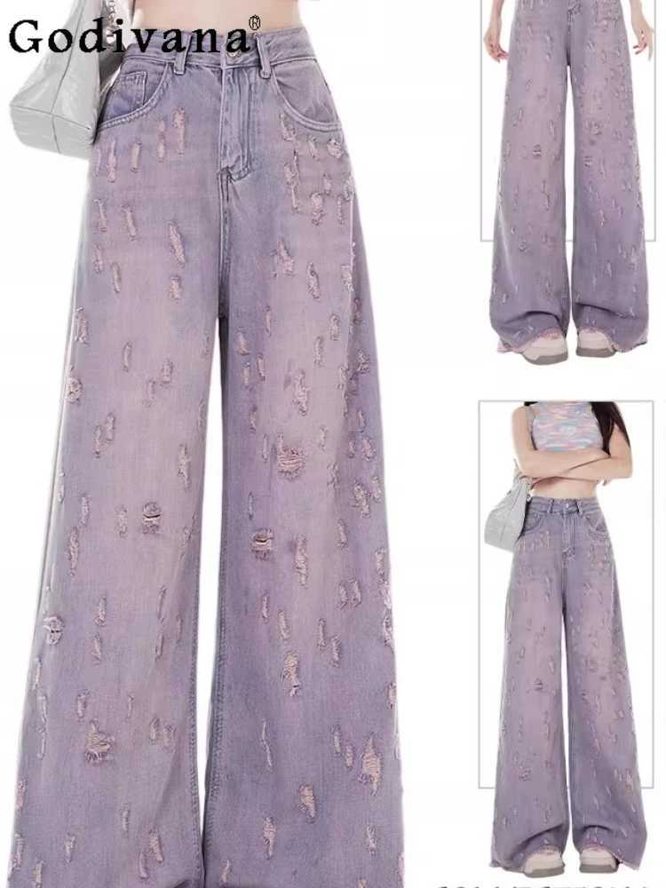 Large Size American Retro Ripped Jeans Women Spring Autumn High Waist Straight Fashion Versatile Wide Leg Floor Pants M260310