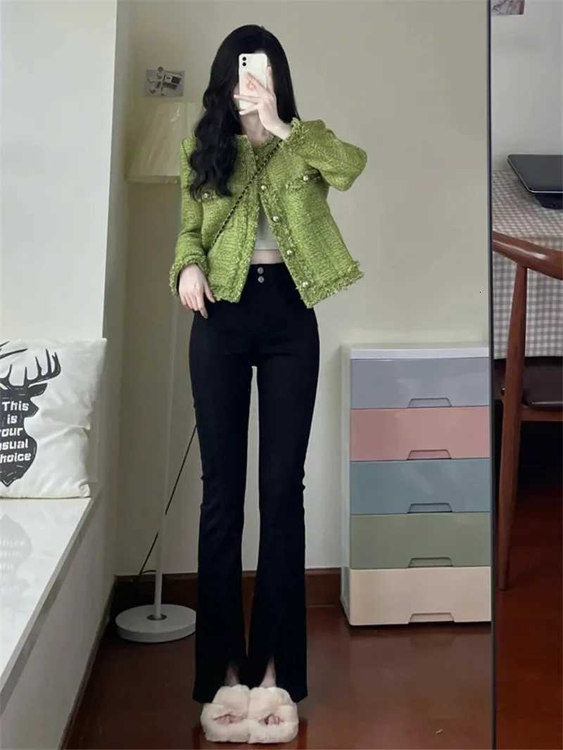 2026 New Autumn Winter Korean Single-Breasted Short Tweed Coat Women Long Sleeve Vintage Green Casual Jackets Female OuterwearT260310