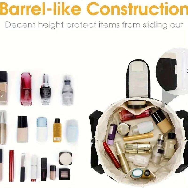 Large Capacity Bucket Cosmetic Bag, Drawstring Makeup Travel Organizer with Adjustable Strap Flip Top Pockets Gift XJ260310