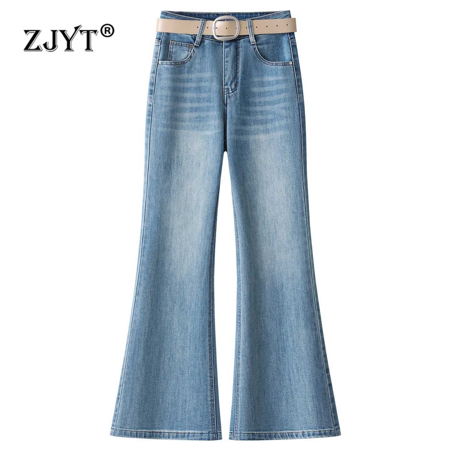 ZJYT Flare Jeans for Women Elegant Spring 2026 High Waist Light Blue White Denim Pants Trousers Lady Casual Bottoms Female M260310
