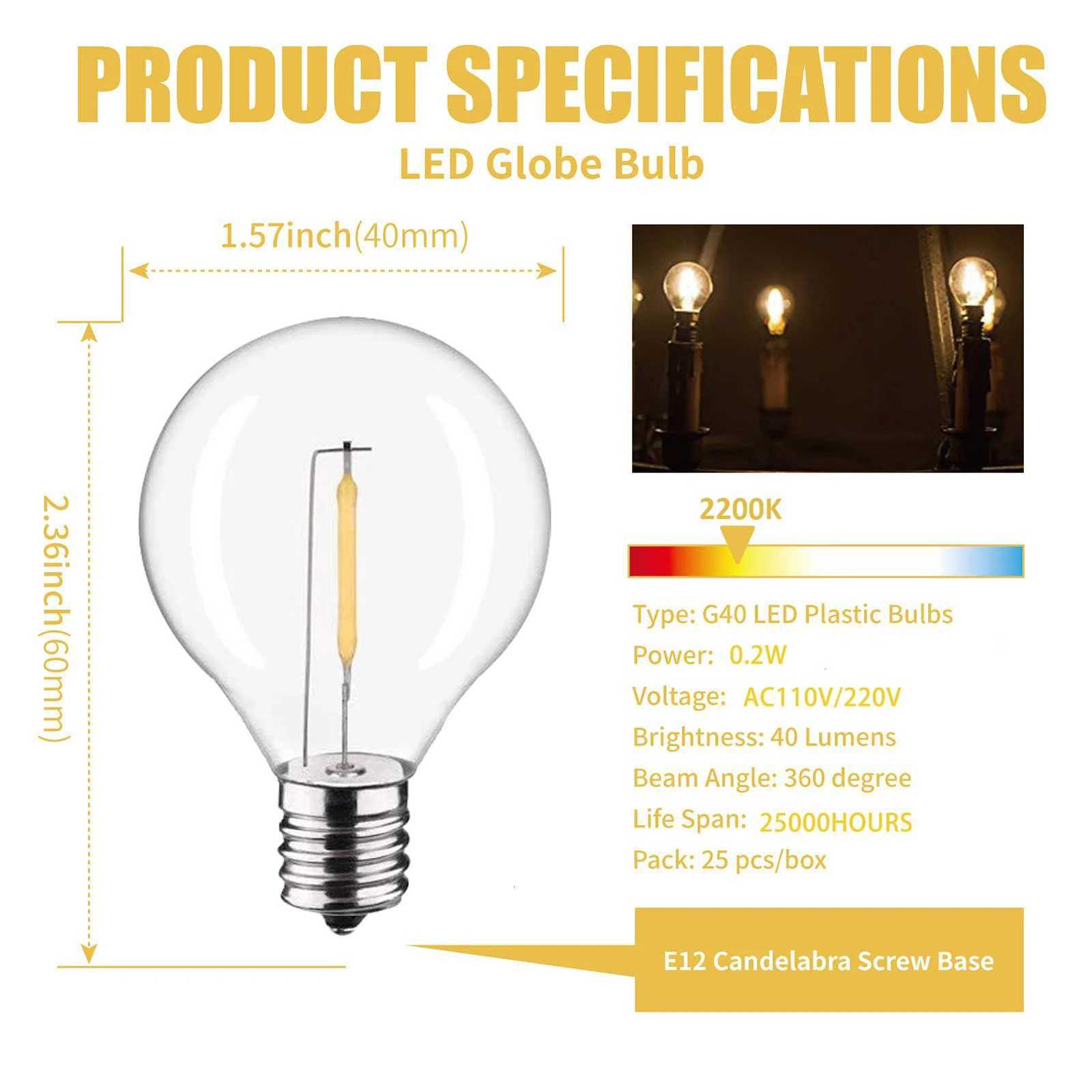 Plastic LED Filament Bulb E12 Screw Socket Shatterproof G40 220V 110V 1W Outdoor Globe Garland String Light Replacement Bulb H260310