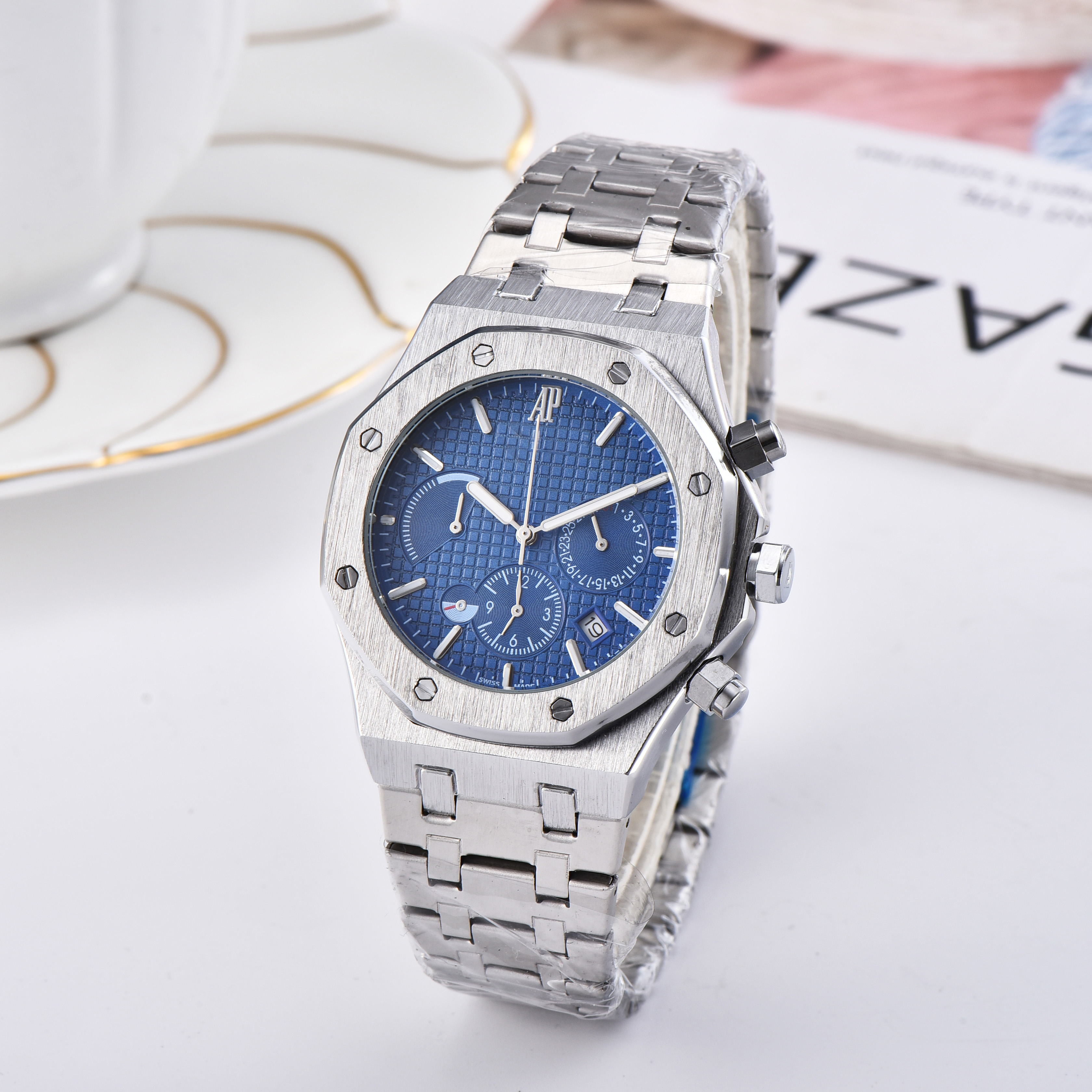 Designer Multifunctional Chronograph Watch: Stainless Steel Strap Six-Hand Calendar, Quartz Movement Men's Boutique Choice