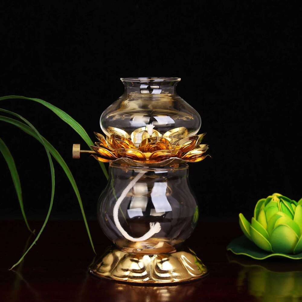 Golden Oil Lamp For Buddhist With Glass Windproof Cover Religious Items Buddha Decoration H260310