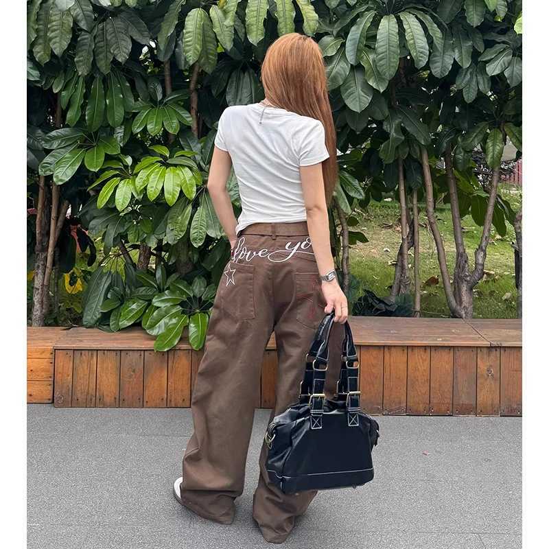 Women Streetwear Letter Embroidery Brown Y2k Baggy Jeans 2025 Harajuku Vintage Denim Trousers Japanese 2000s Boyfriend Pants M260310