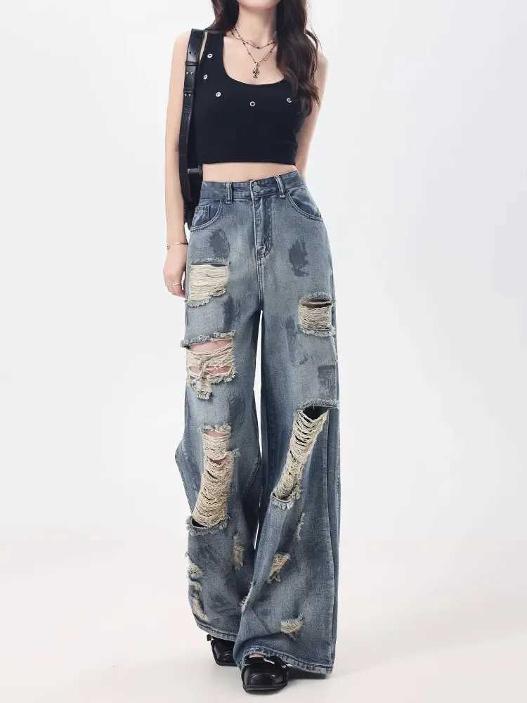 Oversize Blue Ripped Old Hot Y2k American RETRO High Waist Fashion Men And Women Hip Hop Straight Loose Wide Legs Jeans M260310
