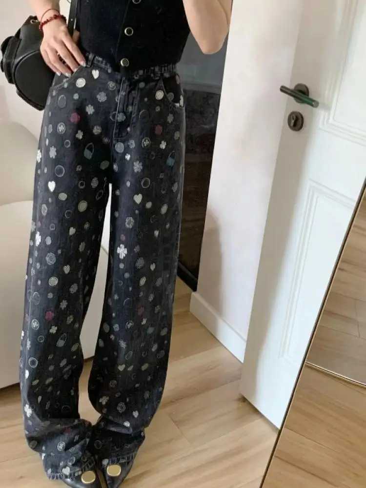 2025 Autumn And Winter Black Gray Laser Graffiti Camellia Vintage Jeans Printed Trousers WomenT260310