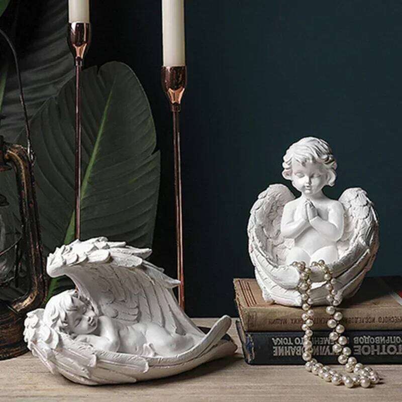 NORTHEUINS Angel Girl Candle Holder Figurines Nordic Fairy Candlestand Garden Modern Resin Statue Interior Home Shelf Decoration H260310