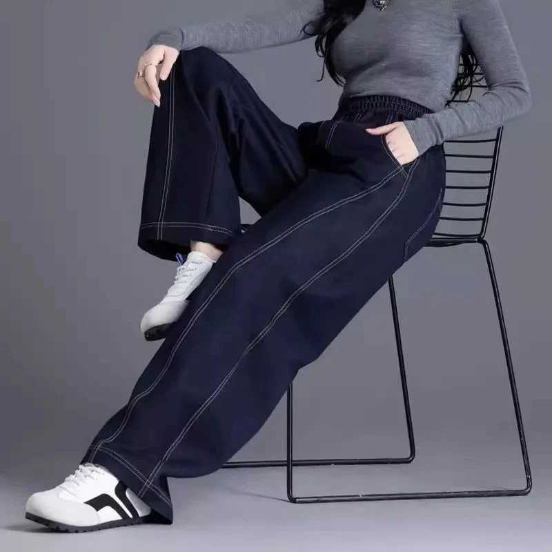 High waisted Womens Casual Jeans 2025 Spring Autumn new Loose Elastic waist Denim Wide leg pants Lady Curved knife Pants M260310