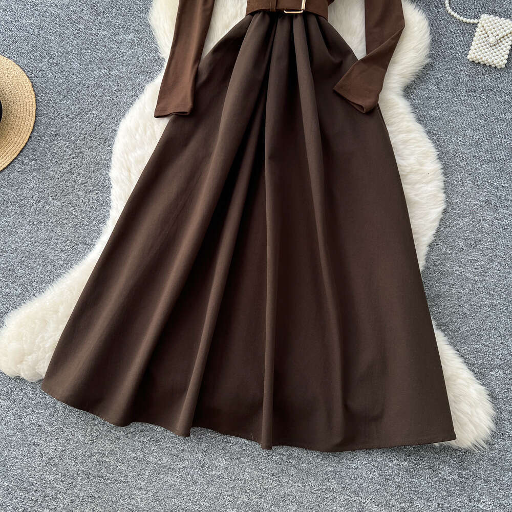 2026 French Elegant Mature Women's High end V-neck Long sleeved Dress with Tie and Waist Splicing Design