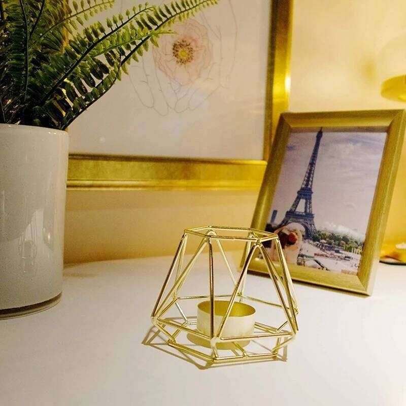 Set of 2 Gold Geometric Metal Tealight Candle Holders Living Room Bathroom Decorations - Centerpieces for Wedding & Dining H260310