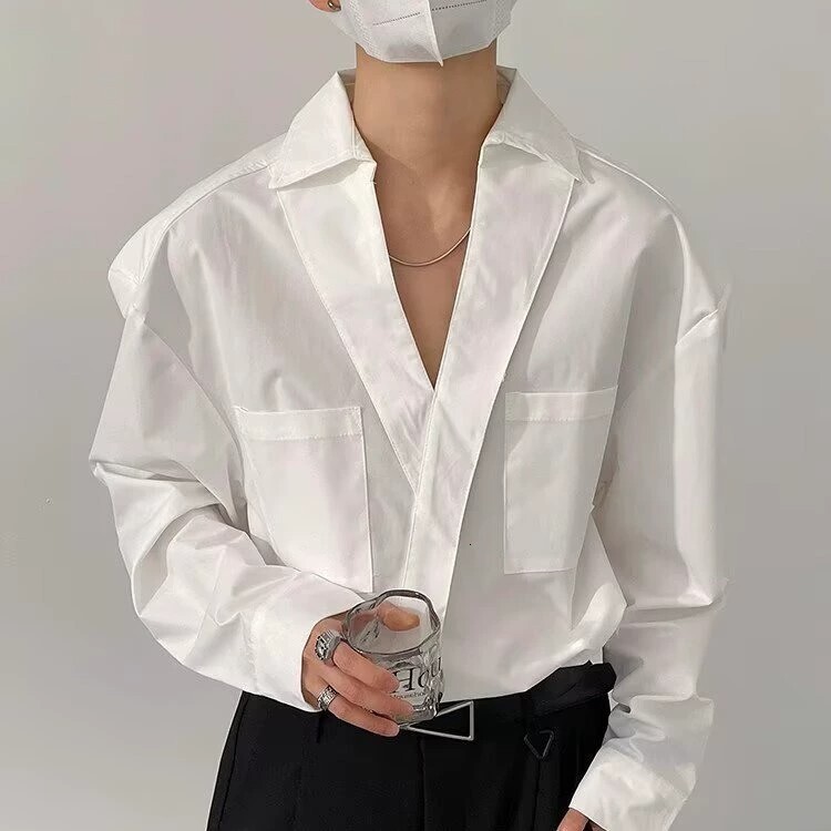 Spring And Autumn -style Fashionable Minimalist V-neck Designer Shirt High-end Design Pullover Long-sleeve For Men Loose-fitting Trendy