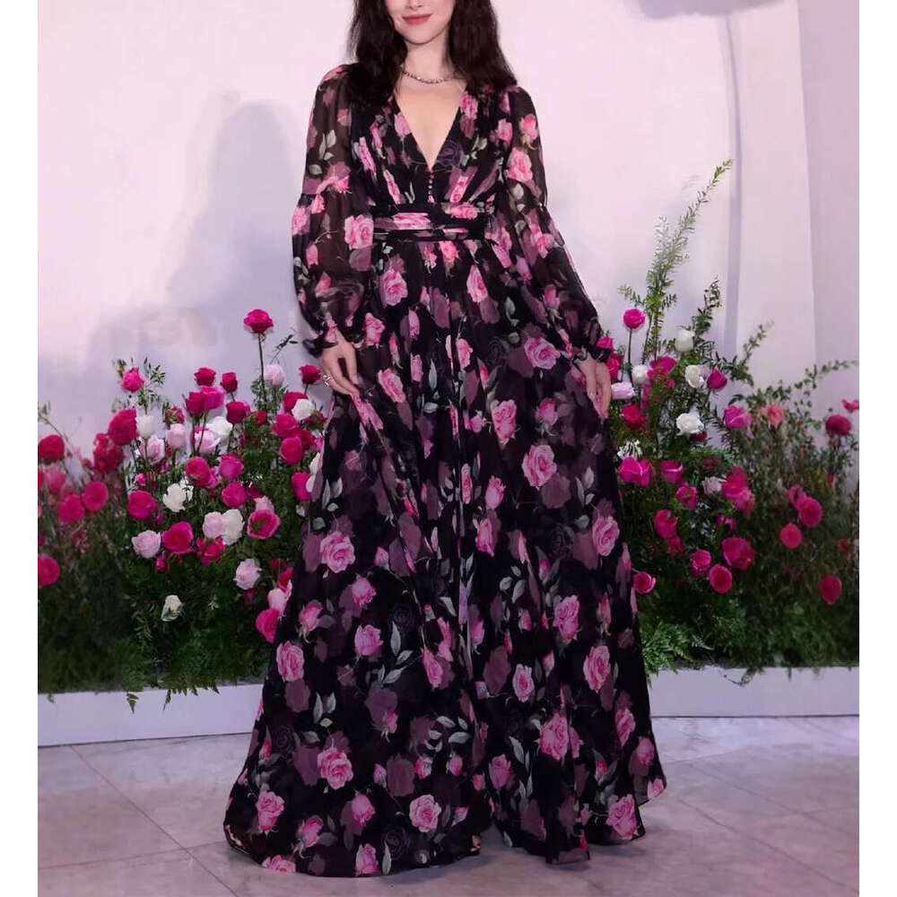 2026 Spring and Autumn New Women's Celebrity Style Goddess Fairy Flower V-neck Large Bottom Silk Smooth and Elegant Long Dress