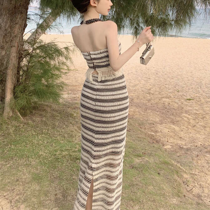 2026 Spring and Summer New French Elegant Tassel Edge Black and White Striped Knitted Tube Top and Skirt Set for Women