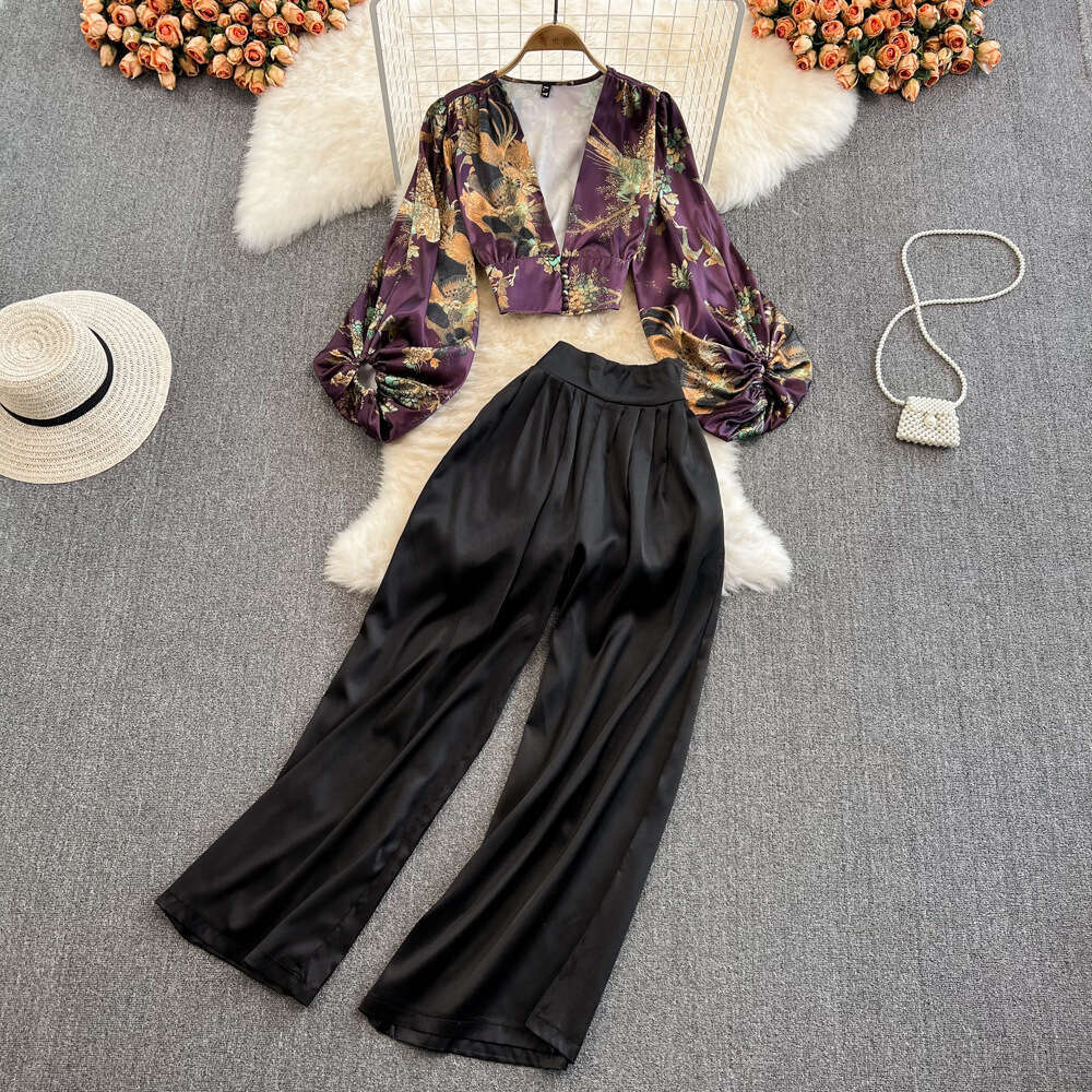 Light and mature style women's fashion suit elegant V-neck lantern sleeve printed shirt with high waisted wide leg pants