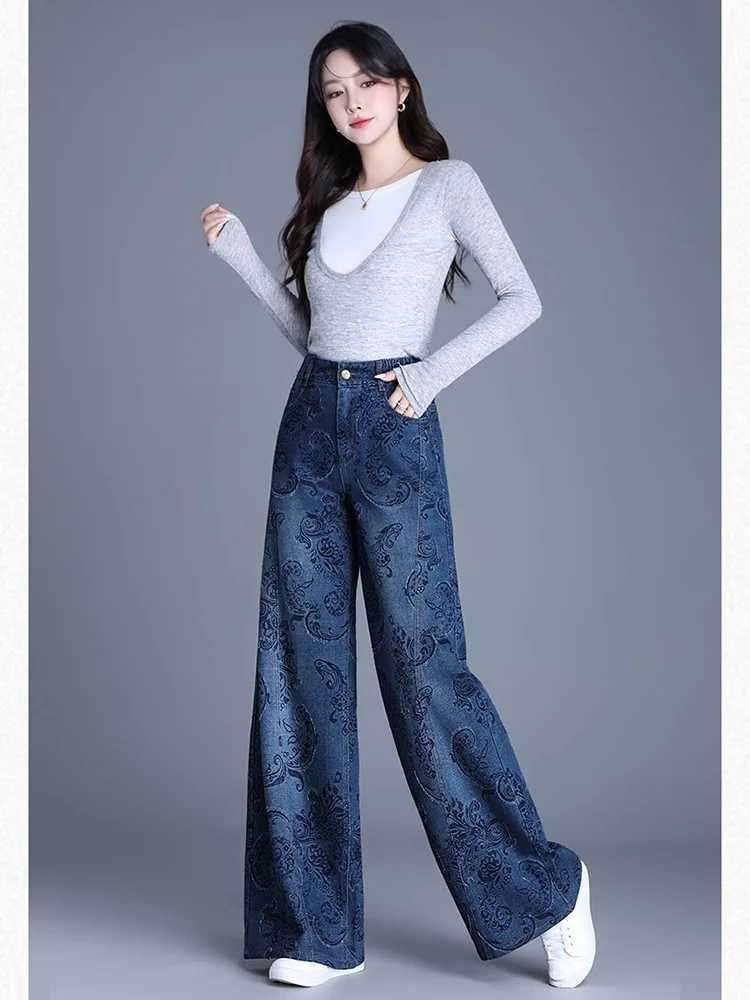 2025 Womens Spring and Autumn High Waist Jacquard Wide Leg Jeans Loose Fashionable and Comfortable Large Straight M260310