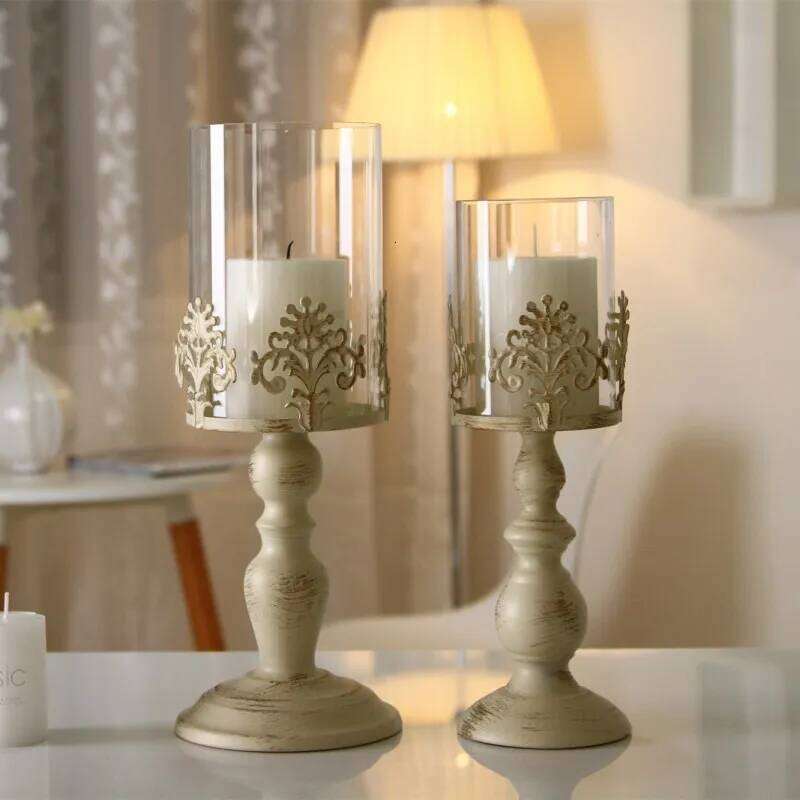 Vintage Metal Pillar Candle Holder Antique Hurricane Candlestick with Glass Screen Cover Accent Display for Home Wedding H260310