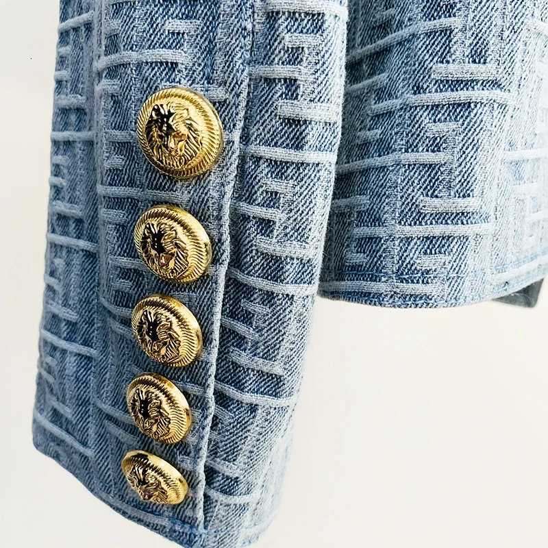 HIGH STREET Newest 2024 Designer Jacket Womens Double Breasted Lion Buttons Monogram Jacquard Denim BlazerT260310