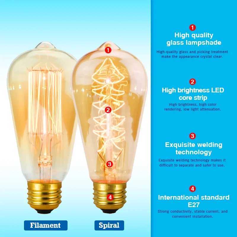 4Pcs Retro Edison Light Bulb E27 220V 40W ST64 G80 G95 G125 T45 T185 A19 Filament Incandescent Ampoule Bulbs Vintage Edison Lamp H260310
