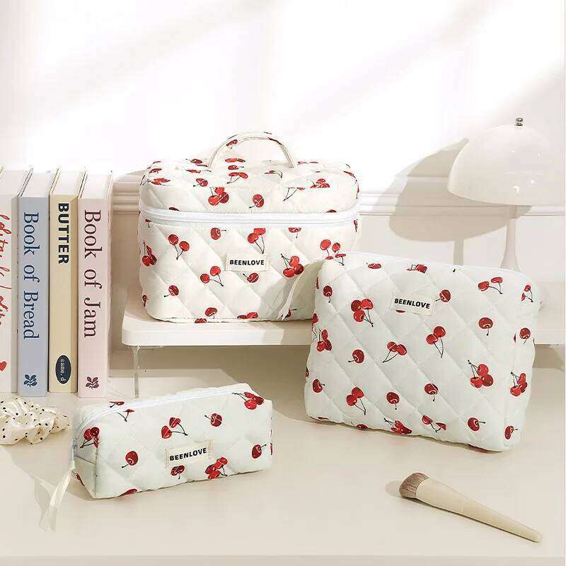 Cute Cherry Printed Cosmetic Quilted Organiser Women's Zipper Flower Cotton Travel Wash Portable Toiletry Bag XJ260310