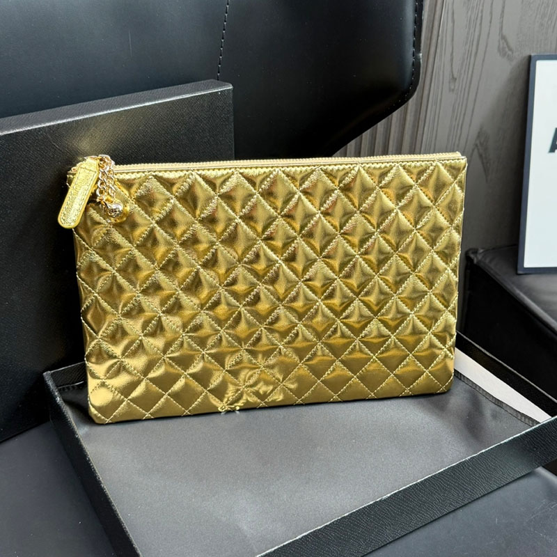 2026TOPDesigner Large Clutch Bag Shiny Gold Silver Quilted Leather Diamond Lattice Little Metal Ball Pendant Card Holder Handbag Luxury Wallet Sacoche 29cm