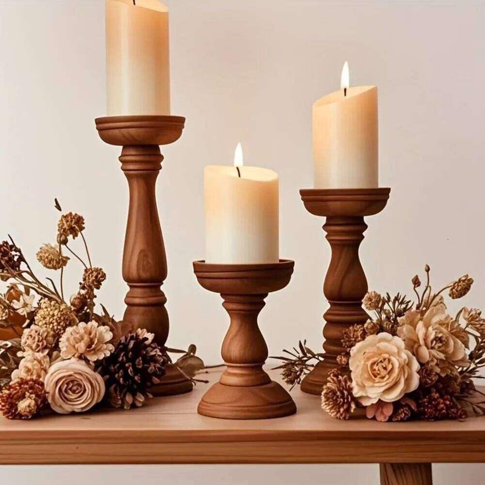 Vintage Wooden Holders 3pcs Valentine's Day Wedding Cylindrical Candle Holder Desktop Christmas Decoration H260310