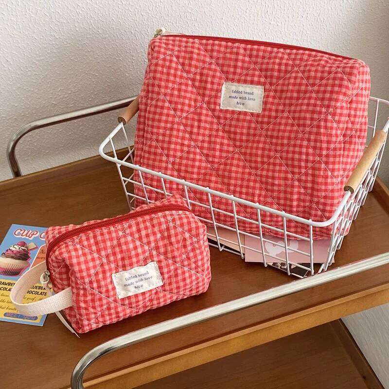 Large Capacity Cotton Makeup Women Checkered Brushes Storage Sweet Cute Travel Toiletry Bag Casual Ladies Soft Organizer XJ260310