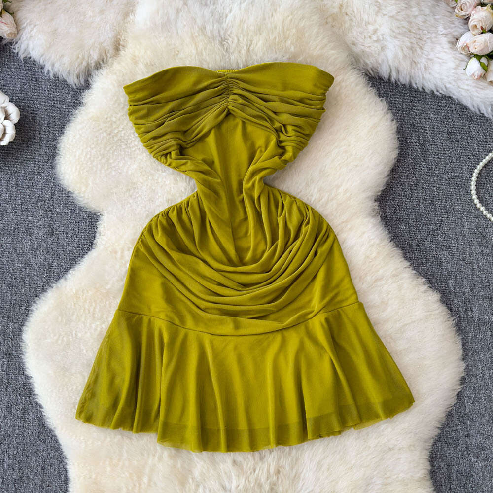 2026 French Elegant Women's Sexy Mesh Ruffle Strapless Dress with Waist Waist, Slimming Belt and Ruffle Tight corset