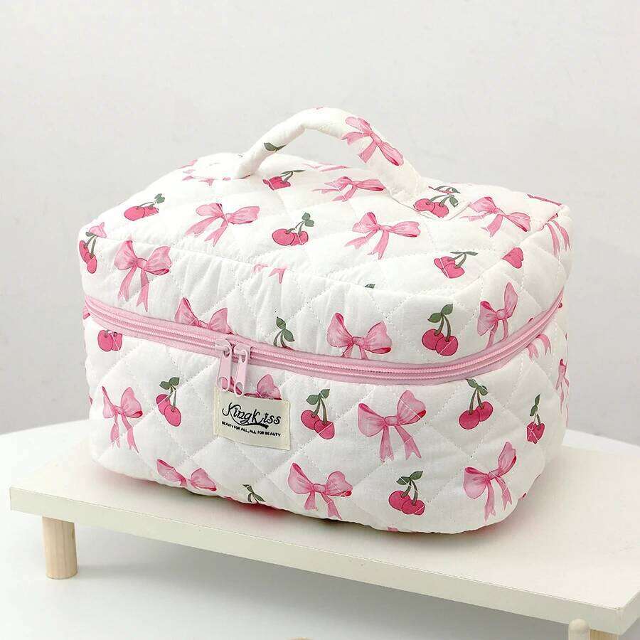 1pc/set Cherry Bow Quilted Multifunctional Handheld Makeup Bag, Portable Toiletry Bag Set with Zipper XJ260310