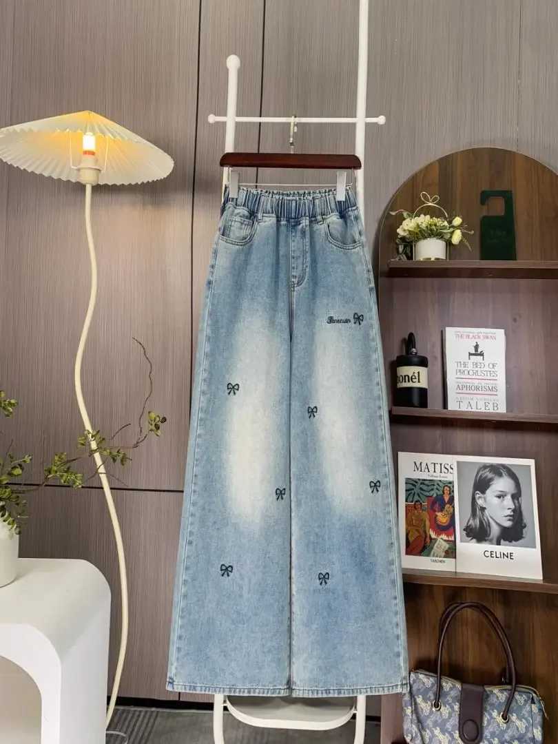 Plus Size Jeans Women 2025 Autumn Winter New Arrivals Bow Embroidery Wide Leg Loose Jeans Woman Trousers Elastic Waist Jeans M260310