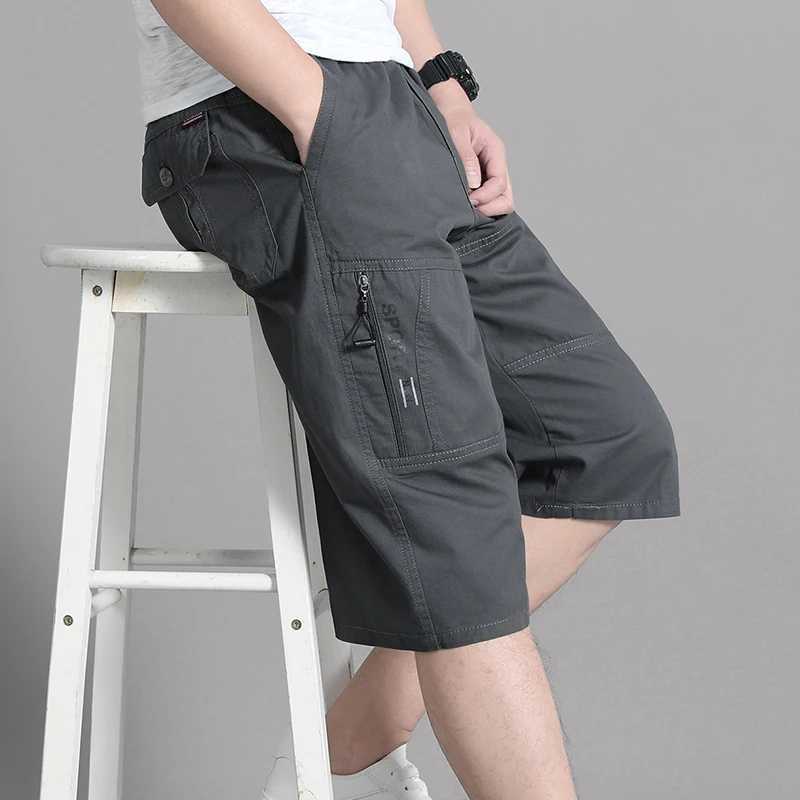 Mens Cargo Shorts Knee Pants Zipper Pocket Summer Cotton Shorts Climbing Jogger Elastic Waist Sports Wear N260310
