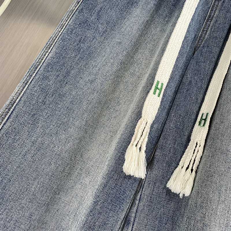 L-6XL Plus Size Jeans For Women Spring 2025 High Waist Straight Blue Jeans Trousers Wide Leg Loose Drawstring Large Size Jeans M260310