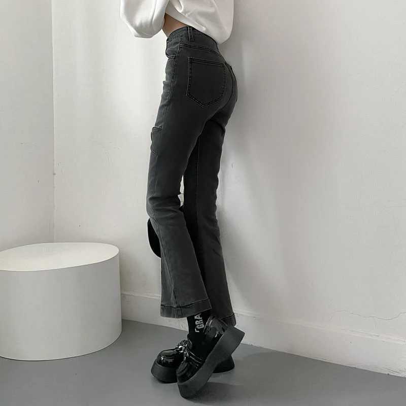 Jeans for Women Vintage Black Denim Flare Pants Streetwear High Waist Slim Mom Trouser Harajuku Y2K Pants M260310