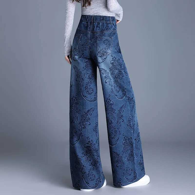 2025 Womens Spring and Autumn High Waist Jacquard Wide Leg Jeans Loose Fashionable and Comfortable Large Straight M260310