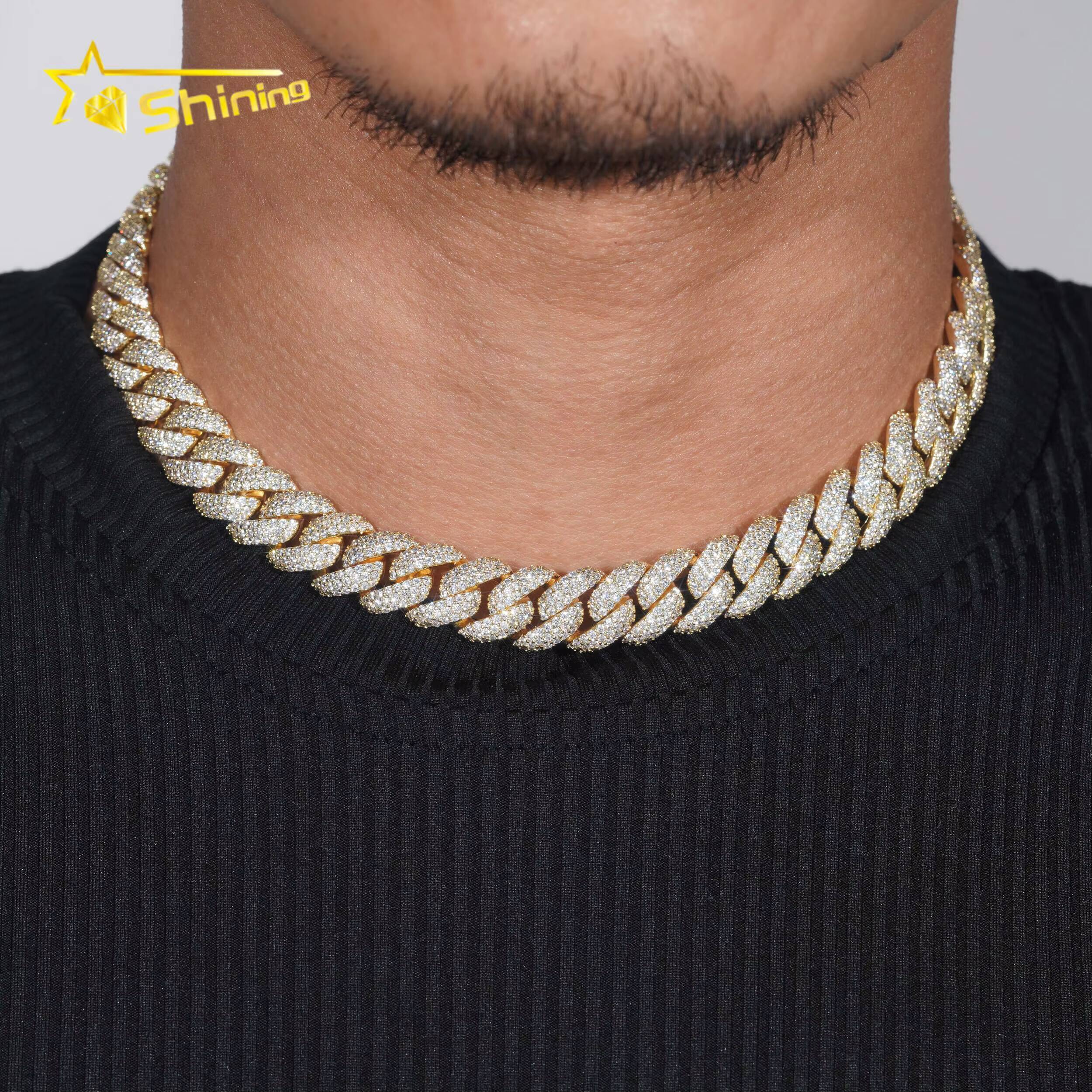 Gold Plated Pass Diamond Tester 13MM 925 Silver Iced Out Moissanite Cuban Link Chain Men Hip Hop Chain Necklace