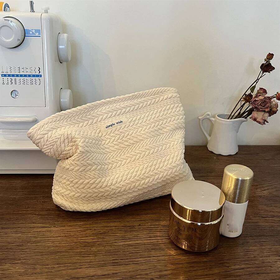 Rice Grain Pattern Woven Fabric Handbag, Women'S Travel Cosmetic Storage Organizer, Makeup Pouch, Zipper Closure, Toiletry Bag XJ260310