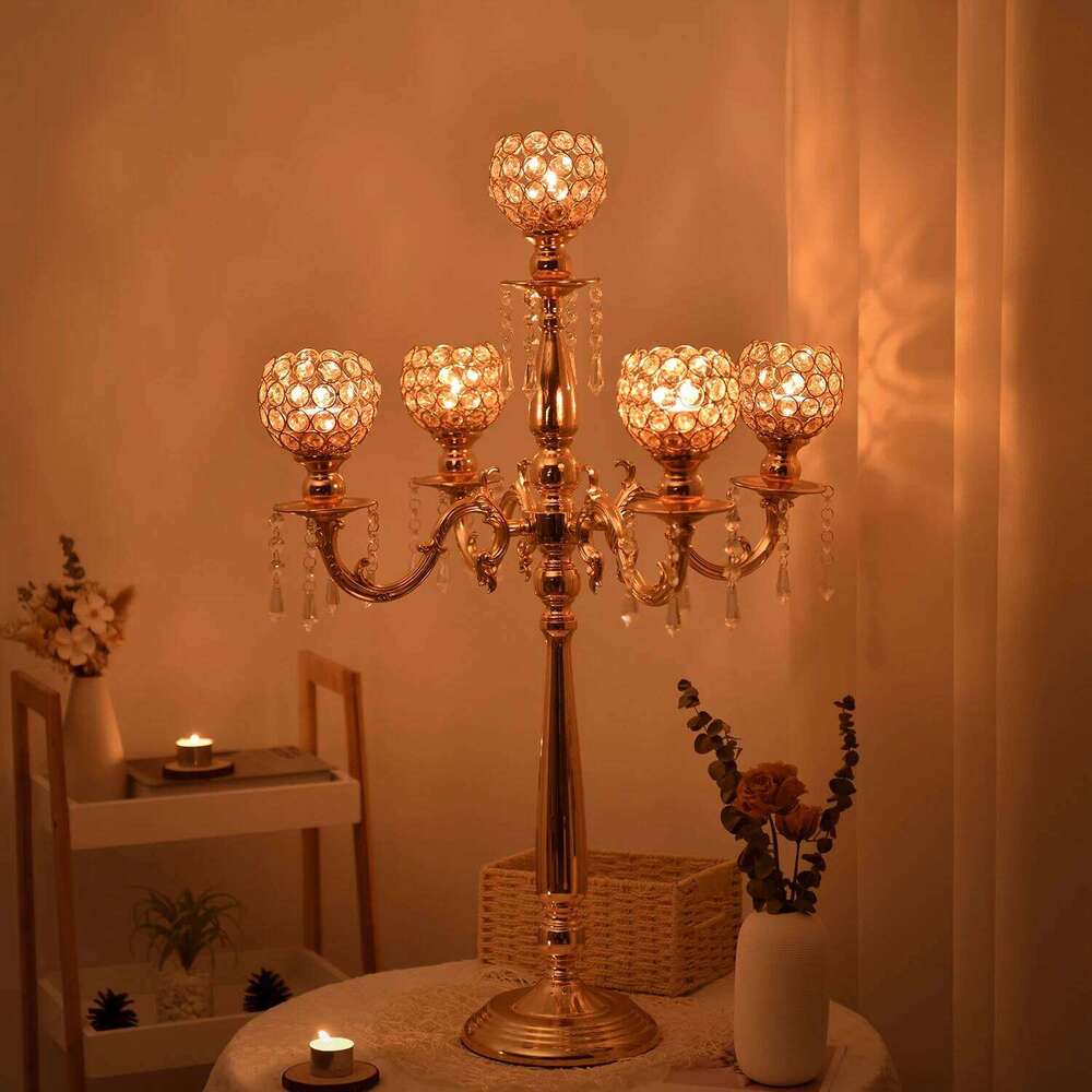 Gold Crystal Candle Holders for Wedding Party Home Decoration Centerpieces, Halloween Christmas Room Decor 5 Arms Candlestick H260310