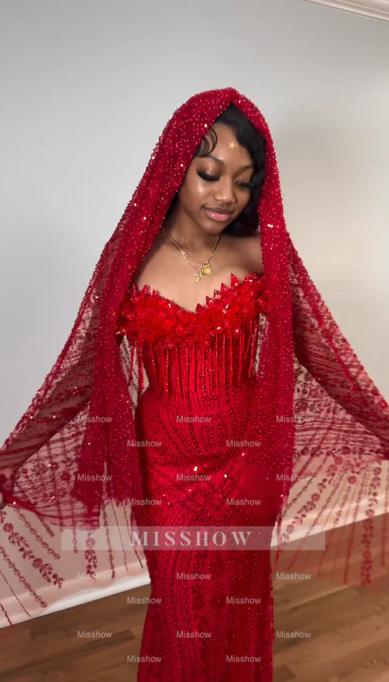 Luxury Red Mermaid Strapless Beaded Prom Dress with Veil For Black Girls 2026 Evening Gala Gowns Robe de soiree Lux BC22059