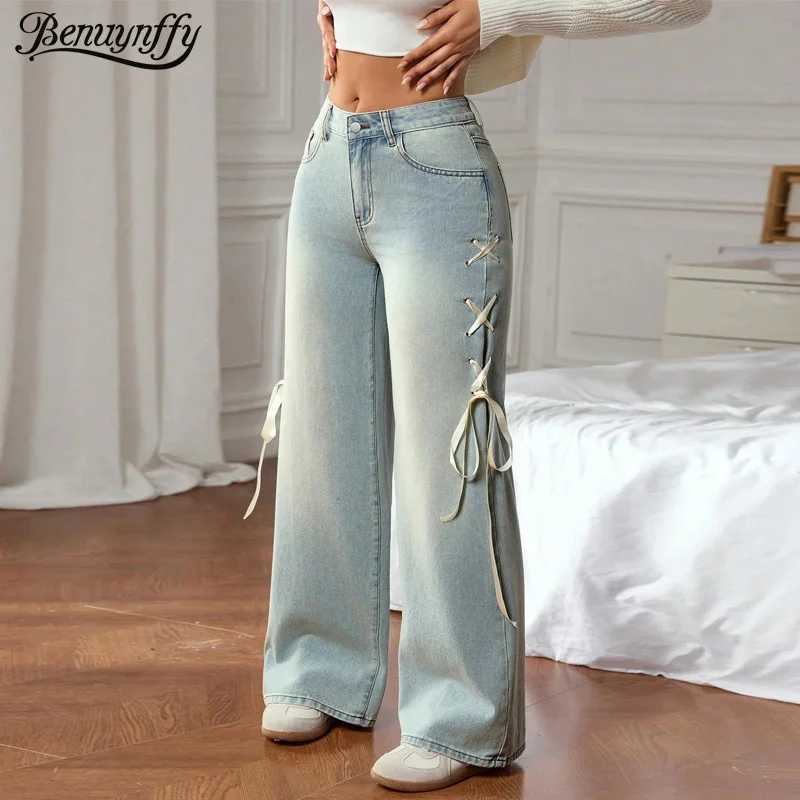 Benuynffy Plus Size Y2k Retro Side Lace-up Jeans Womens Street Fashion Mid Waisted Sweet Loose Washed Baggy Wide Leg Pants M260310