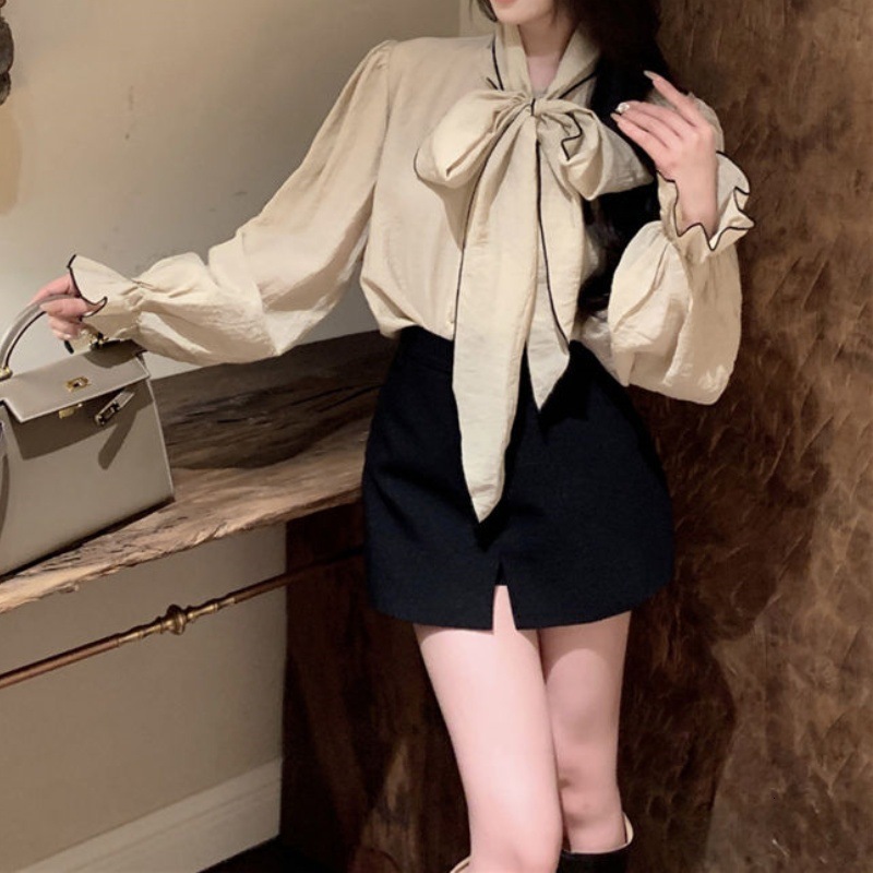 Blue Bow Tie Bell Sleeve Shirt for Women Spring and Autumn New Loose Korean Style Shirt with Unique Design 210317