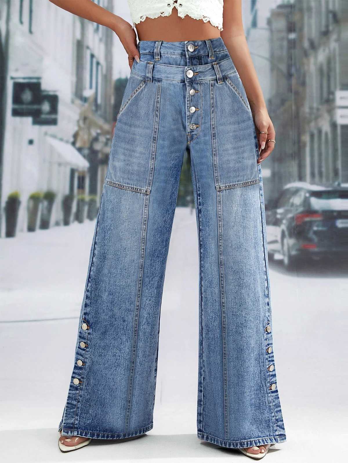 Womens Plus Size Jeans Pockets Denim Wide Leg Pants Button Vintage Streetwear Solid Casual Minimalist Jeans Trousers 2024 M260310