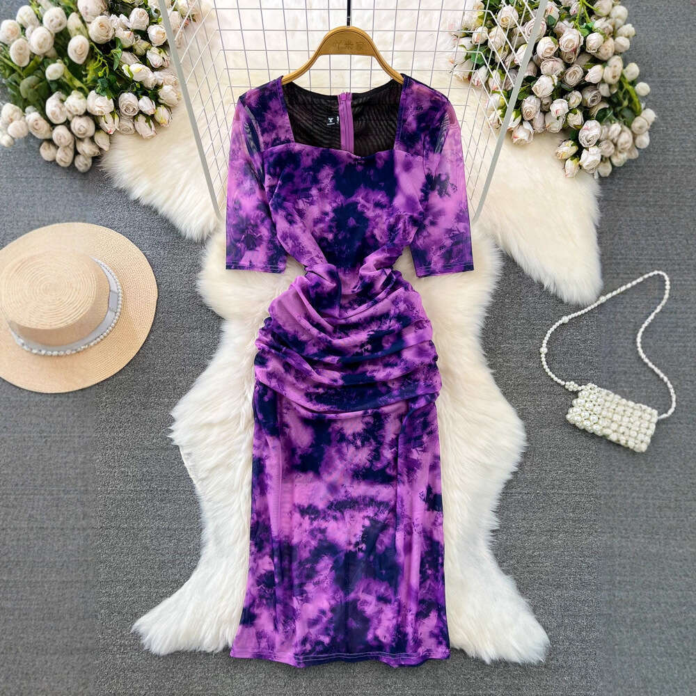 2026 high-end luxury women's short sleeved square neck slim fit medium to long oil painting printed slim fit dress