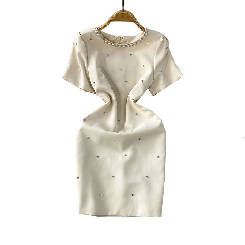 Luxury cross-border social heavy bead diamond accessories round neck women's summer dress with high-end texture