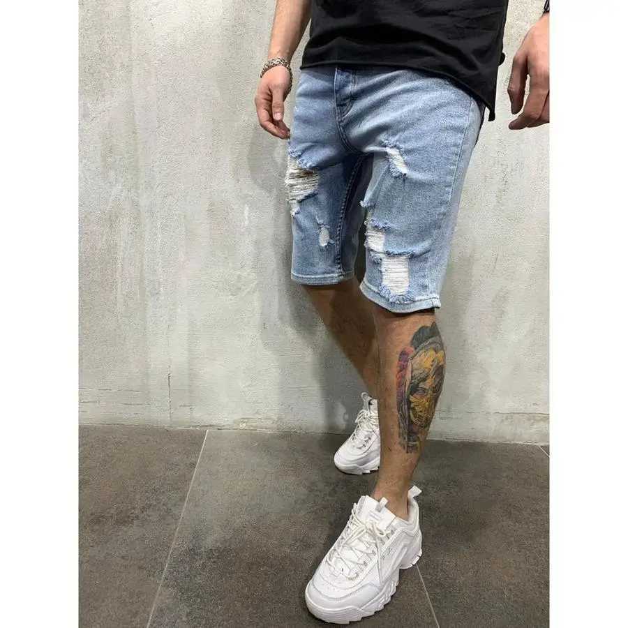 2024 Ripped tassel denim shorts New Summer Mens Personalized Washable Perforated Denim Pants Large Casual Middle Pants N260310
