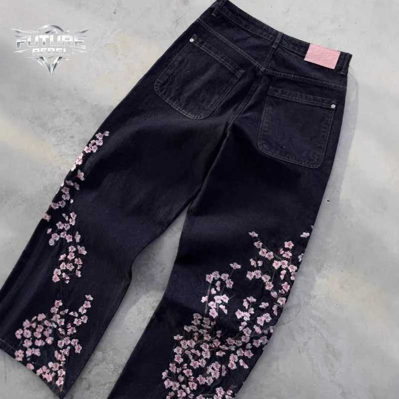 Unisex Jeans Harajuku European American Streetwear Embroidered Denim Pants Vintage Floral Loose Fit Straight Wide Leg Casual New M260310