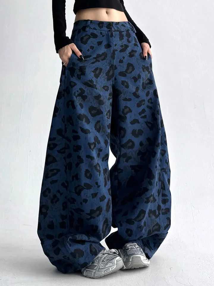 American Y2K Blue Leopard Jeans Women Vintage Casual High Waist Loose Denim Pants Harajuku Hip Hop Retro Bf Spring Trousers New M260310