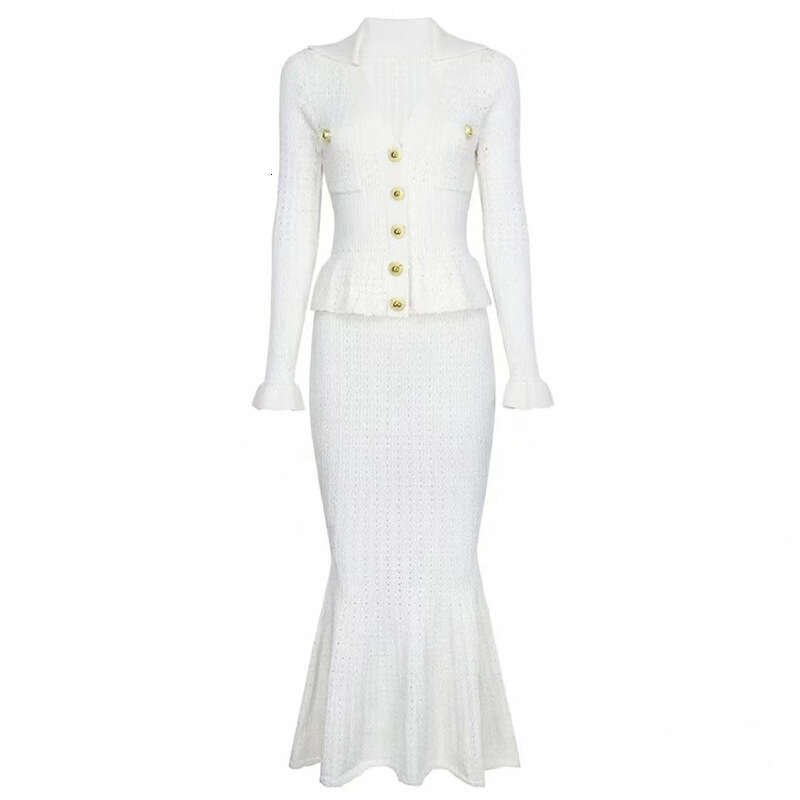 2026 Spring and Summer Elegant Social Dress Thin Hollow Knitted Collar Top with Ruffle Sleeves and Fitted Fishtail Skirt Set