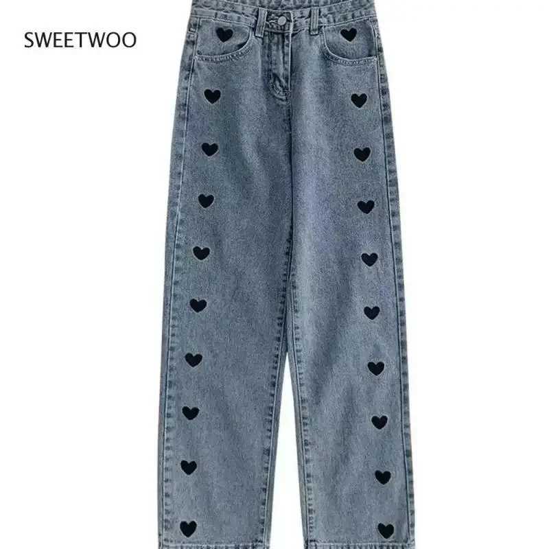 Womens Jeans 2024 Spring and Autumn New Korean Love Embroidery Casual Straight Trousers High Waist Slim Jeans Women Loose M260310