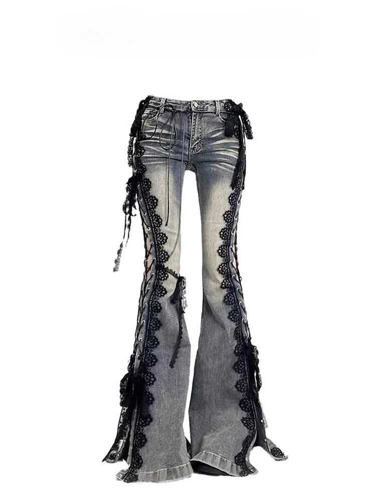 2025 Women AesTHetic Hot Harajuku Y2K Low Rise Lace Jeans Streetwear Denim Flare Pants Bell-Bottom Y2k Japanese GoTH Gyaru M260310
