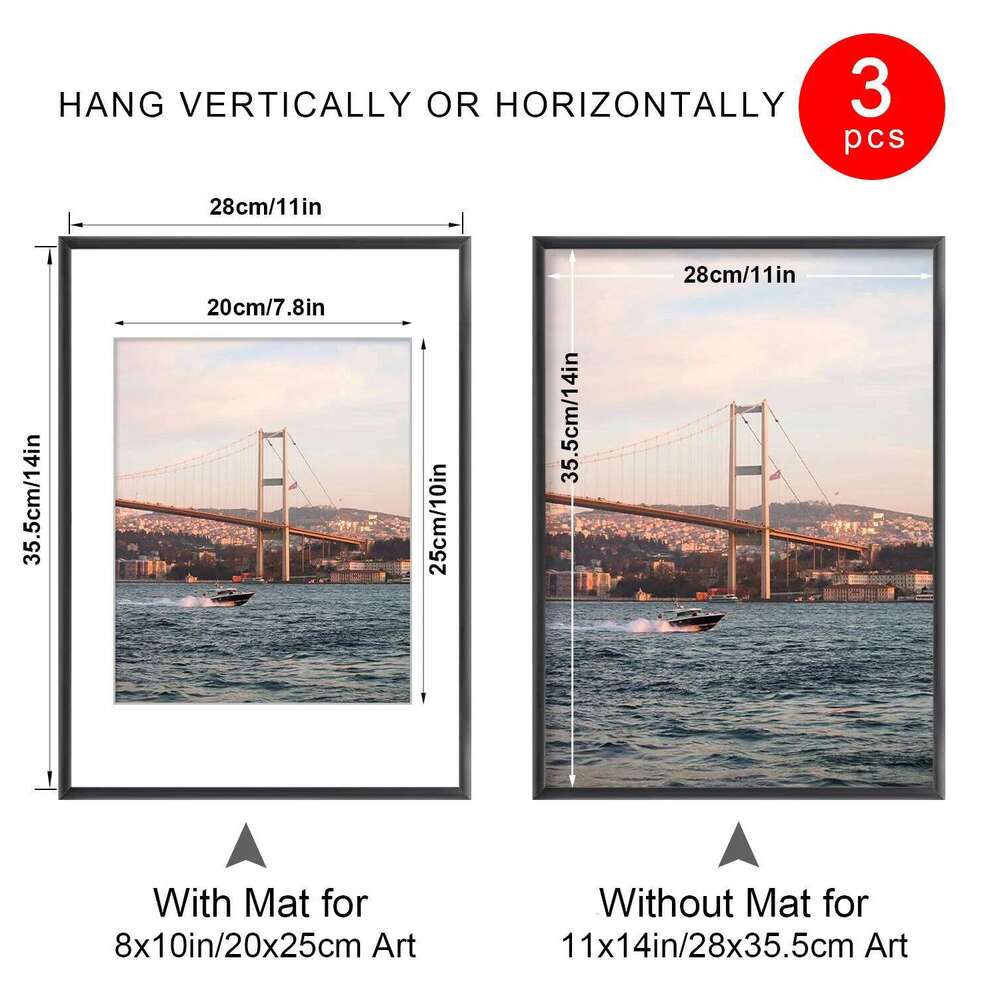 3pcs 11x14 Inch Aluminum Picture Frames with Mat 8x10 Photos, Black Wall Frame for Canvas Poster Artwork Home Decor H260310 - view 4