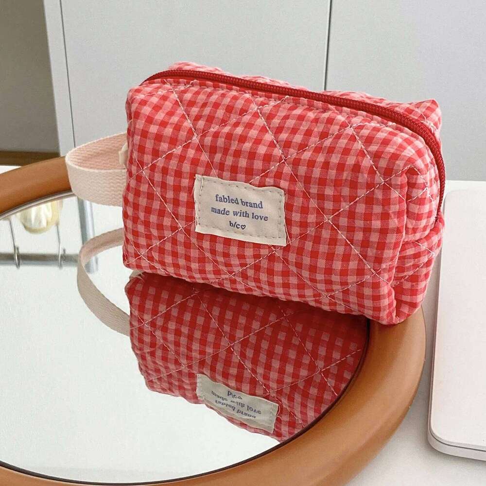 Women Large Capacity Checkered Cosmetic Girls Cotton Skincare Brushes Storage Portable Travel Toiletry Makeup Bag XJ260310